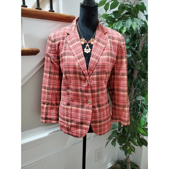 Talbots Women Multicolor Cotton Two Button Single Breasted Fitted Blazer Size 14 - Picture 1 of 12
